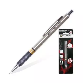 Карандаш механический BRAUBERG Black Jack, металлический корпус, резиновый грип, ластик, 0,7 мм, 180467