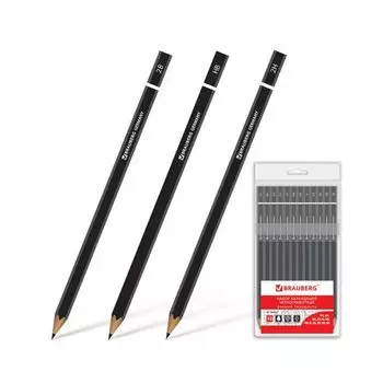 Карандаши чернографитные BRAUBERG НАБОР 12 шт., Touch line, 5H-5B, без резинки, корпус черный, заточенные, ПВХ-упаковка, 180652