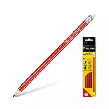 Карандаши чернографитные BRAUBERG НАБОР 12 шт., ZTX, HB, с резинкой, красный корпус, картонная упаковка, 180671, (6 шт.)