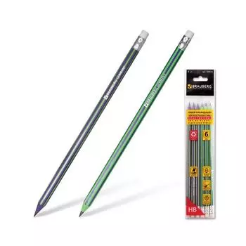 Карандаши чернографитные BRAUBERG НАБОР 6 шт., Aviator, НВ, с резинкой, пластиковые, корпус ассорти, заточенные, 180632, (8 шт.)