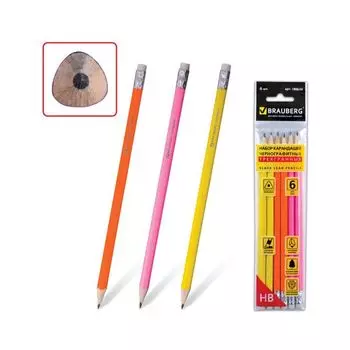 Карандаши чернографитные BRAUBERG НАБОР 6 шт., НВ, трехгранные, с резинкой, корпус ассорти, заточенные, 180630, (6 шт.)
