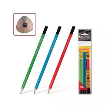 Карандаши чернографитные BRAUBERG НАБОР 6 шт, Triograff, НВ, трехгранные, без резинки, корпус ассорти, заточенные, полибег, 180643, (6 шт.)