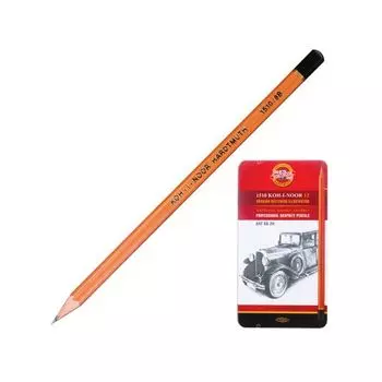 Карандаши чернографитные KOH-I-NOOR, НАБОР 12 шт., Art, 8В-2H, без резинки, металлическая коробка, 1512N12001PL