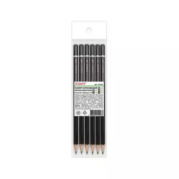 Карандаши чернографитные STAFF, НАБОР 6 шт., 2H-2B, без резинки, черный корпус, заточенные, 181254, (10 шт.)