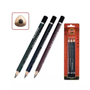 Карандаши чернографитные утолщенные KOH-I-NOOR, НАБОР 3 шт.,Triograph, 2В, 4B, 6B, трехгранные, 1835003001BL