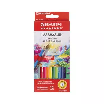 Карандаши цветные акварельные BRAUBERG АКАДЕМИЯ, 12 цветов, шестигранные, высокое качеств
