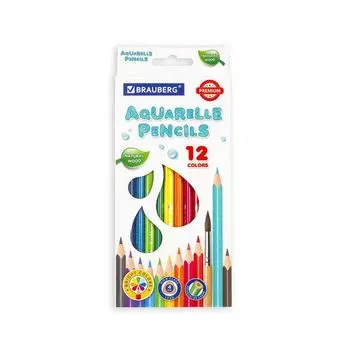 Карандаши цветные акварельные BRAUBERG PREMIUM AQUARELLE, 12 цветов, грифель мягкий 4 мм, 181671