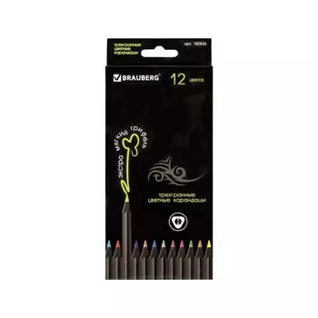 Карандаши цветные BRAUBERG Black Jack, 12 цв., трехгранные, черное дерево, заточенные, картонная упаковка, 180834