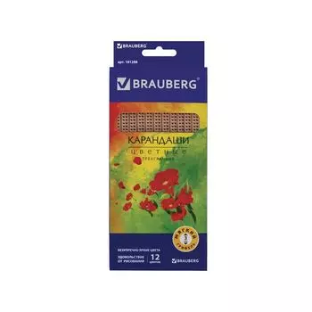 Карандаши цветные BRAUBERG Цветы, набор 12 цветов, трехгранные, лакированное дерево, 181288