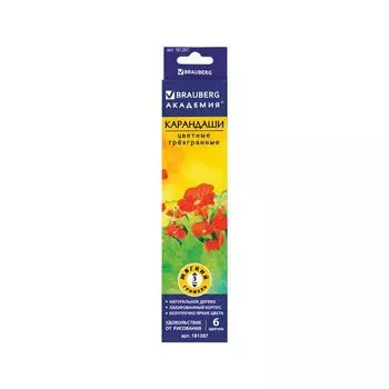 Карандаши цветные BRAUBERG Цветы, набор 6 цветов, трехгранные, лакированное дерево, 181287, (12 шт.)