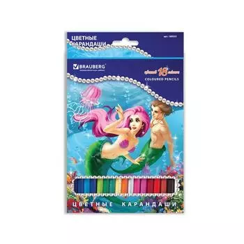 Карандаши цветные BRAUBERG Морские легенды, 18 цв., заточенные, картонная упаковка с блестками, 180553
