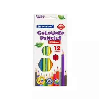 Карандаши цветные BRAUBERG PREMIUM, 12 цветов, шестигранные, грифель мягкий 3,3 мм, 181656 (6 шт.)