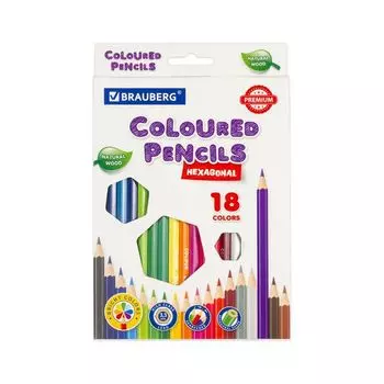 Карандаши цветные BRAUBERG PREMIUM, 18 цветов, шестигранные, грифель мягкий 3,3 мм, 181657