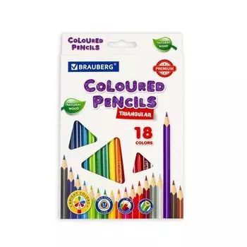 Карандаши цветные BRAUBERG PREMIUM, 18 цветов, трехгранные, грифель мягкий 3,3 мм, 181652