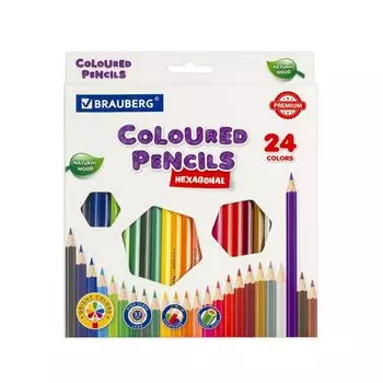 Карандаши цветные BRAUBERG PREMIUM, 24 цвета, шестигранные, грифель мягкий 3,3 мм, 181658