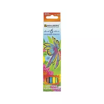 Карандаши цветные BRAUBERG Wonderful butterfly, 6 цветов, заточенные, картонная упаковка с блестками, 180522, (12 шт.)