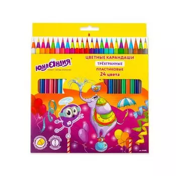 Карандаши цветные ЮНЛАНДИЯ "КАРНАВАЛ", 24 цвета, пластиковые, заточенные, трехгранный корпус, 181686