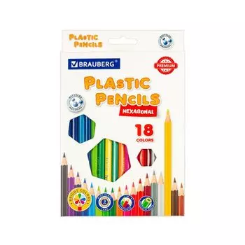 Карандаши цветные пластиковые BRAUBERG PREMIUM, 18 цветов, шестигранные, грифель мягкий 3 мм, 181667 (8 шт.)
