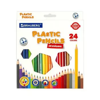Карандаши цветные пластиковые BRAUBERG PREMIUM, 24 цвета, шестигранные, грифель мягкий 3 мм, 181668