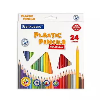 Карандаши цветные пластиковые BRAUBERG PREMIUM, 24 цвета, трехгранные, грифель мягкий 3 мм, 181663