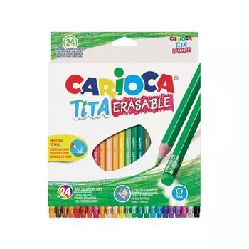 Карандаши цветные стираемые с резинкой CARIOCA "Erasable", 24 цвета, пластик, шестигранные, заточенные, 42938