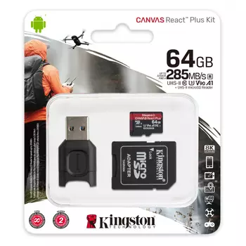 Карта памяти Kingston micro SDXC 64Gb Canvas React Plus UHS-II U3 V90 A1 + USB Reader (285/165 MB/s)