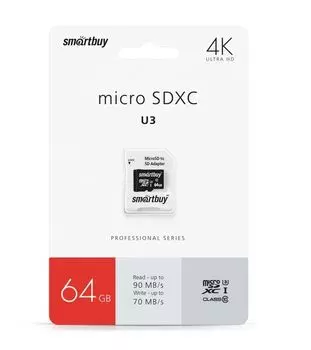 Карта памяти micro SDXC 64Gb SmartBuy Pro UHS-I U3 + ADP (90/70 Mb/s)