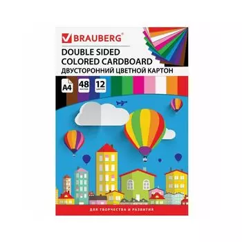 Картон цветной А4 ТОНИРОВАННЫЙ В МАССЕ, 48 листов 12 цветов, склейка, 180 г/м2, BRAUBERG, 210х297 мм, 124744