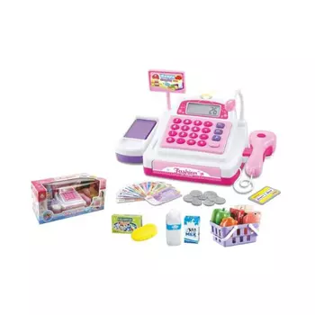 Касса игрушечная на батарейках (свет,звук)в коробке (деньги,карта,продукты,корзинка,касса со сканером) 5922