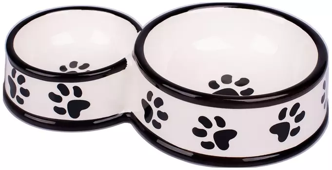 КерамикАрт миска для собак двойная 100 мл и 220 мл, белая с лапками