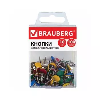 Кнопки канцелярские BRAUBERG, металлические, цветные, 10 мм, 100 шт., в пластиковой коробке, 221114, (10 шт.)