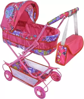 Коляска кукольная Ясюкевич №7 "Коты фуксия" (металл.) 80*32*66см с сумочкой