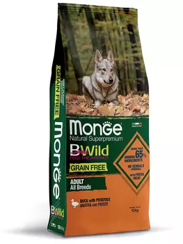 Корм сухой Monge Dog BWild GRAIN FREE беззерновой из мяса утки с картофелем для взрослых собак всех пород 12 кг