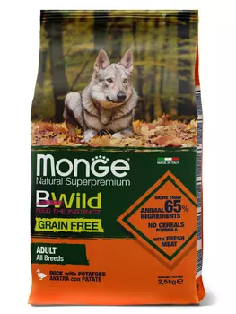 Корм сухой Monge Dog BWild GRAIN FREE беззерновой из мяса утки с картофелем для взрослых собак всех пород 2,5 кг
