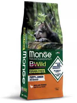 Корм сухой Monge Dog BWild GRAIN FREE Puppy&amp;Junior беззерновой из мяса утки с картофелем для щенков всех пород 12 кг