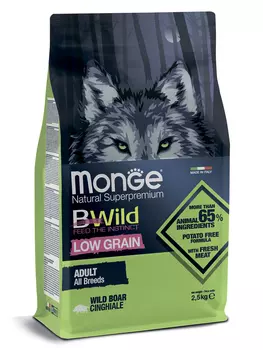 Корм сухой Monge Dog BWild LOW GRAIN низкозерновой из мяса дикого кабана для взрослых собак всех пород 2,5 кг