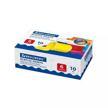 Краски акриловые для рисования и хобби BRAUBERG 6 цветов по 10 мл, 191599