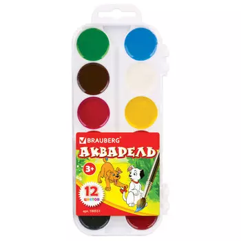 Краски акварельные BRAUBERG, 12 цветов, медовые, без кисти, пластиковая коробка, европодвес, 190551, (12 шт.)