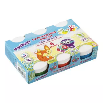 Краски пальчиковые сенсорные ЮНЛАНДИЯ ЛИСЁНОК, 6 цветов по 60 мл, в баночках, ВЫСШЕЕ КАЧЕСТВО, 191342