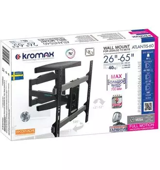 Кронштейн для телевизора Kromax ATLANTIS-60 черный 26"-65" макс.40кг настенный поворотно-выдвижной и наклонный