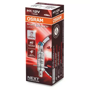 Лампа автомобильная OSRAM H1 55W P14.5s+150% Night Braker Laser 3500K, 2шт, 12V, 64150NL2