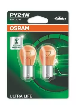 Лампа автомобильная OSRAM PY21W (BAU15s) YELLOW Ultra Life 12V, 2шт,, 7507ULT-2бл