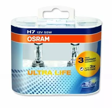 Лампа галогенная OSRAM H7 Ultra Life 12V 55W, 2шт., 64210ULT-HCB (пу.2)