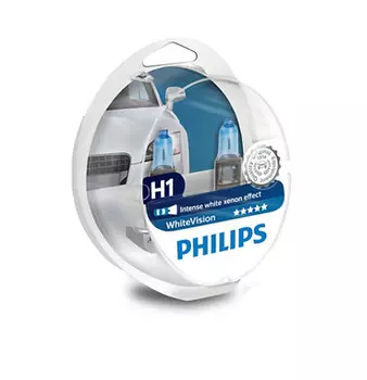 Лампа галогенная PHILIPS H1 White Vision 4500K 12V 55W + W5W 12V-5W, комплект 2 по 2шт, 12258WHVSM