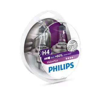 Лампа галогенная PHILIPS H4 VisionPlus 12V 60/55W, комплект 2шт, 12342VPS2