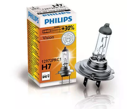Лампа галогенная PHILIPS H7 Vision Premium (+30% света) 12V 55W, 1шт, 12972PRC1