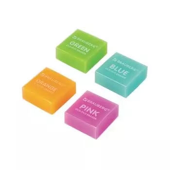 Ластик BRAUBERG "E-Color", 28х28х12 мм, цвет НЕОН ассорти, экологичный ПВХ, 228065 (32 шт.)