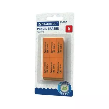 Ластики BRAUBERG "Ultra" НАБОР 6 шт., размер ластика 41х14х8 мм, оранжевые, натуральный каучук, 229601 (10 шт.)