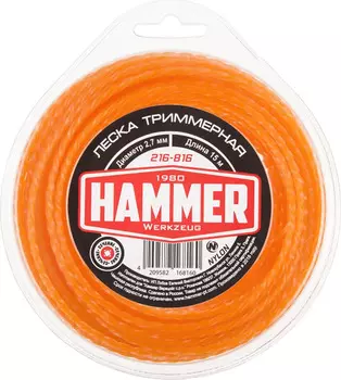 Леска триммерная Hammer 216-816 2.7мм 15м витой квадрат в блистере