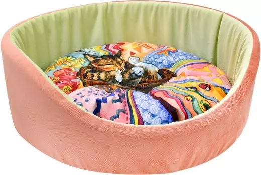 Лежанка для кошек круглая "Сны" рисунок Кошка мебельная ткань №1 D43*16 см коралловая 730513к